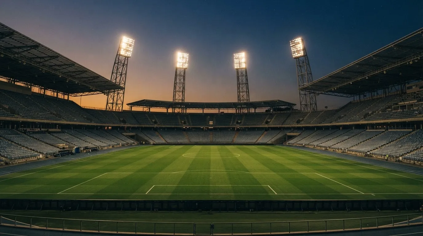 An empty football stadium with floodlight masts at dusk