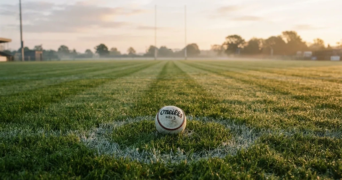 A ball on the centre spot of a grass pitch in morning light