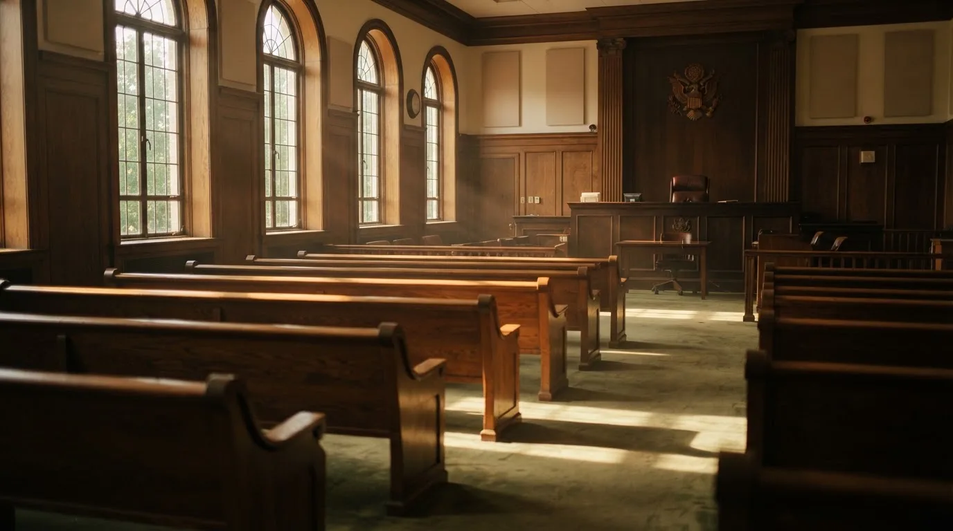 An empty courtroom with wooden benches in morning light