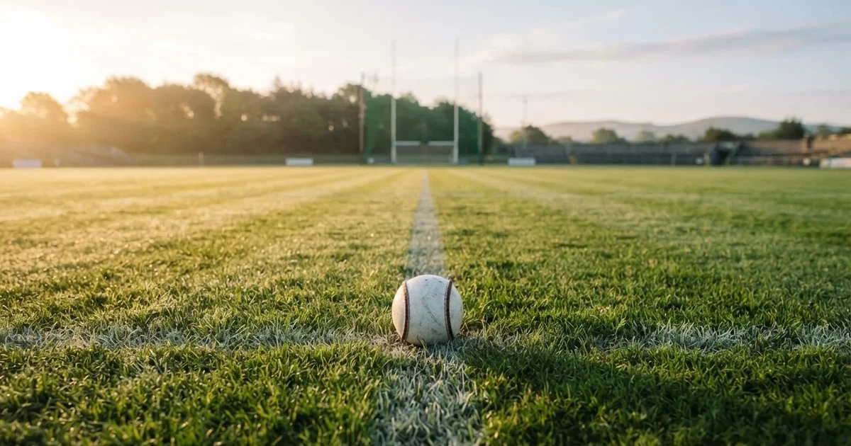 A ball on the centre spot of a grass pitch in morning light