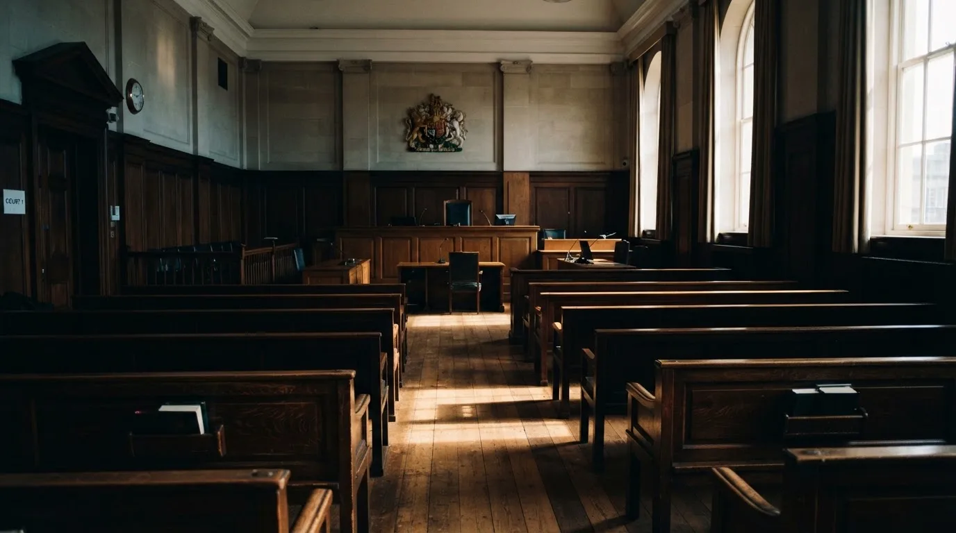 An empty courtroom with wooden benches in morning light