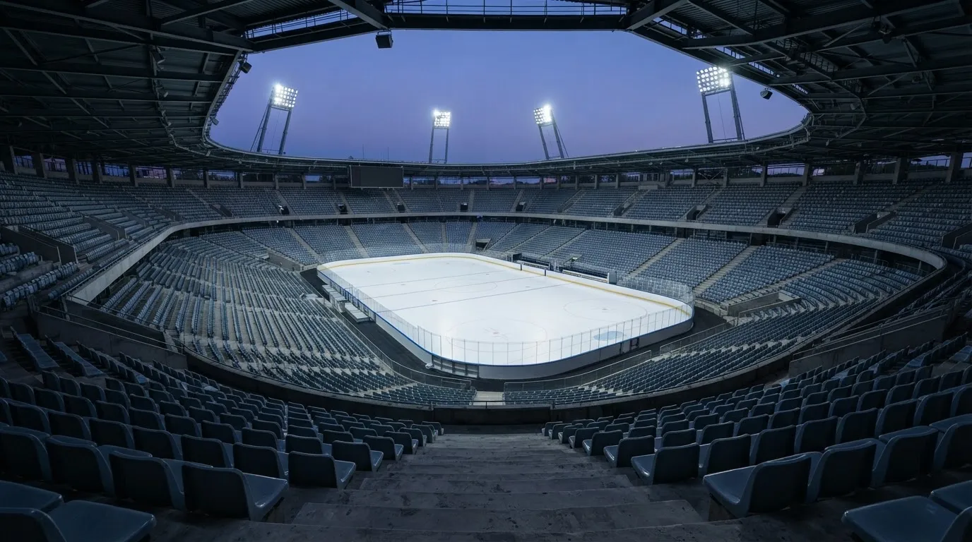 An empty football stadium with floodlight masts at dusk