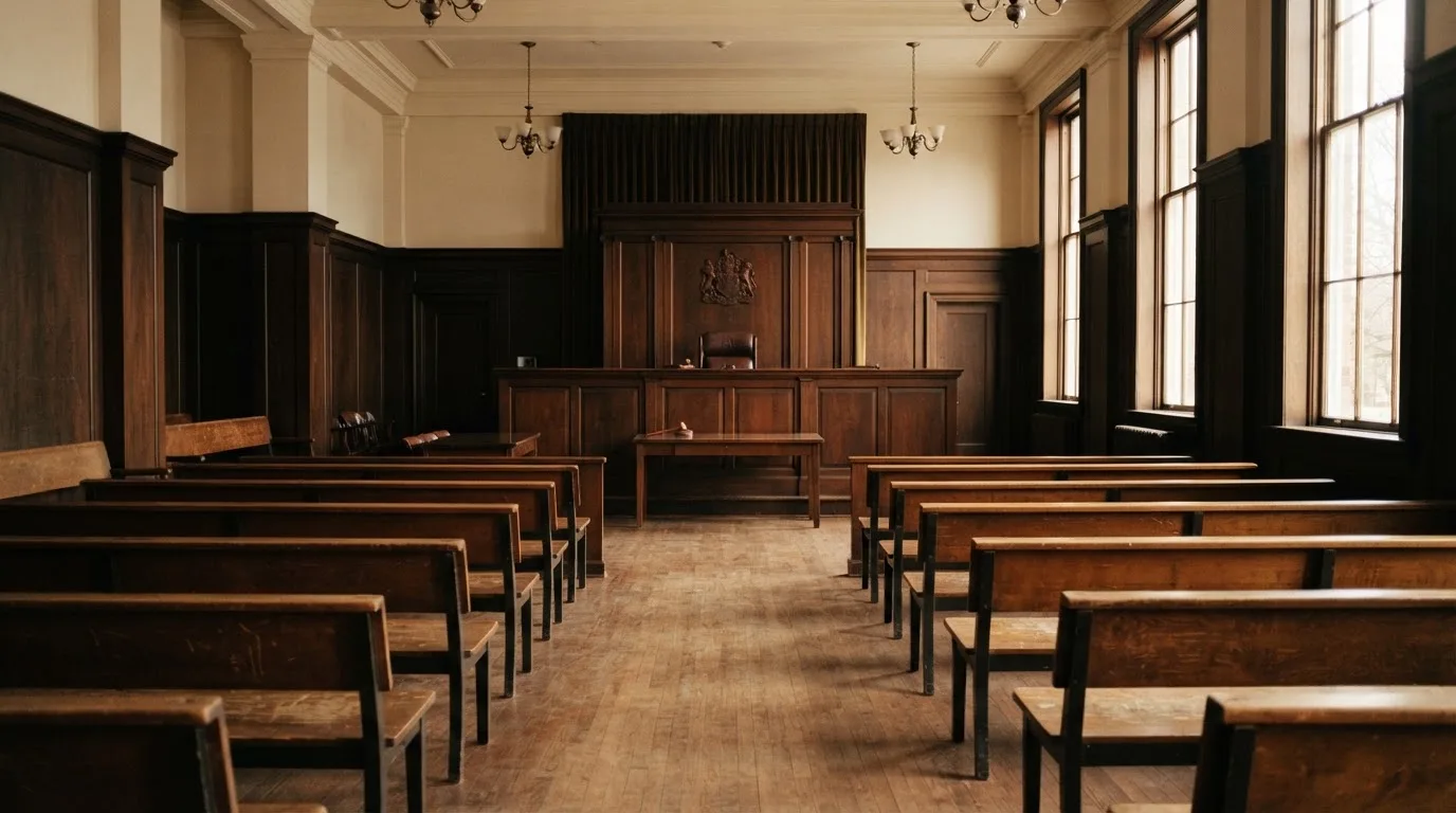 An empty courtroom with wooden benches in morning light