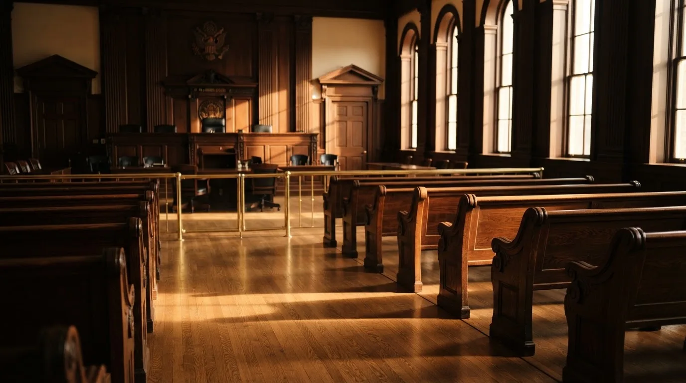 An empty courtroom with wooden benches in morning light