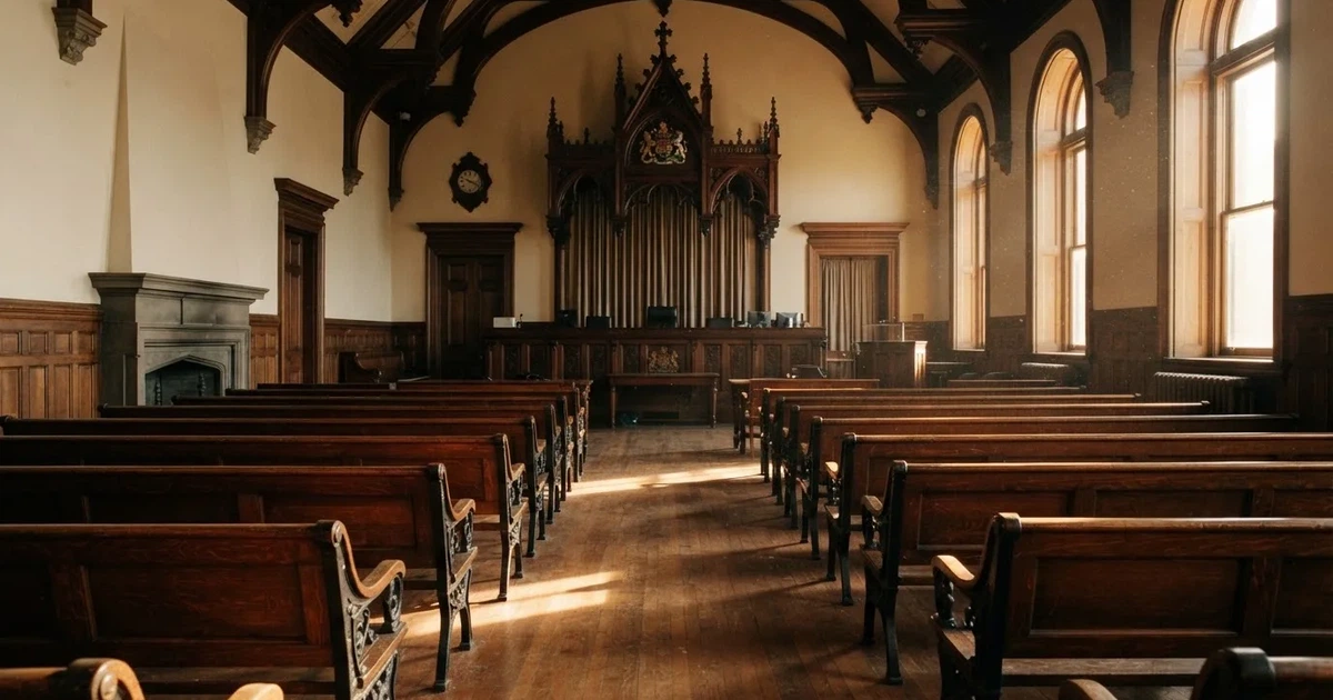An empty courtroom with wooden benches in morning light