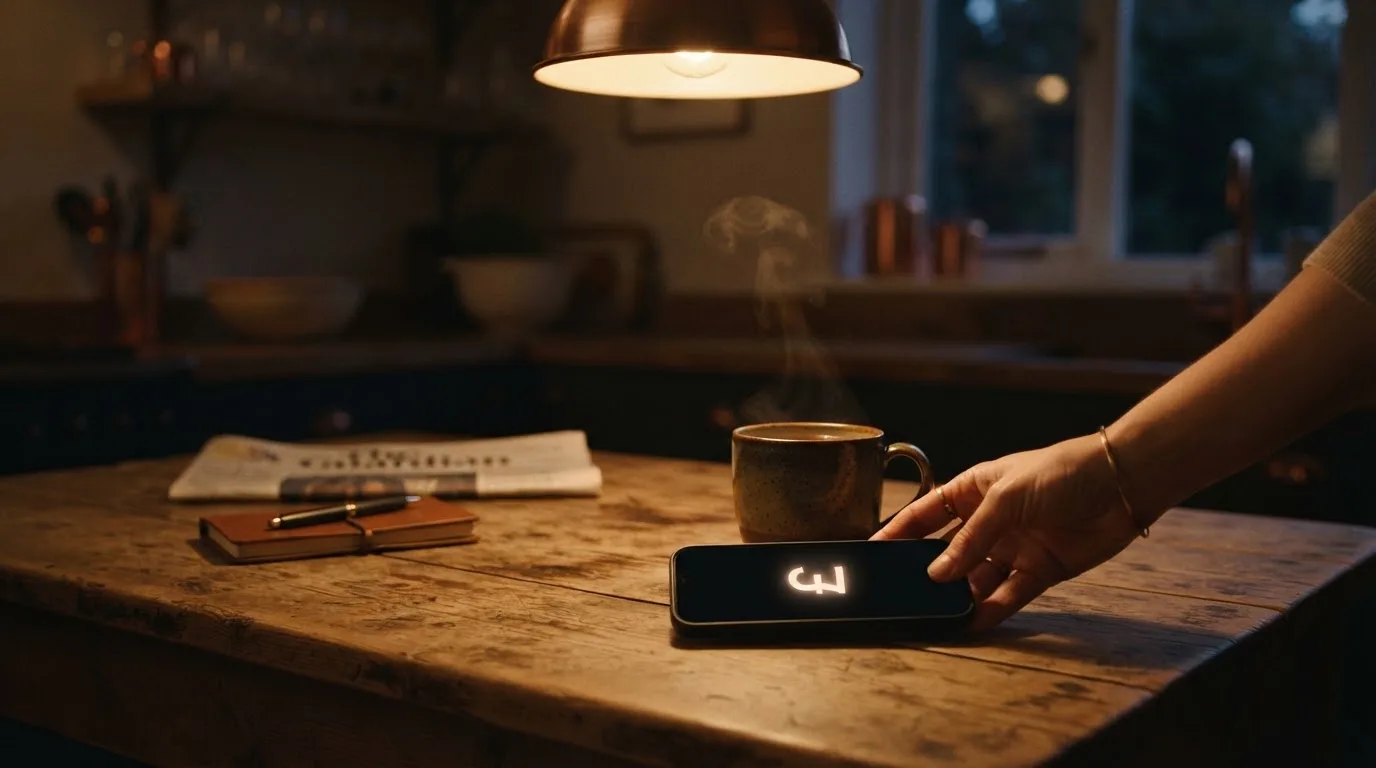 A hand setting a smartphone down beside a cup of tea on a kitchen table on a quiet evening