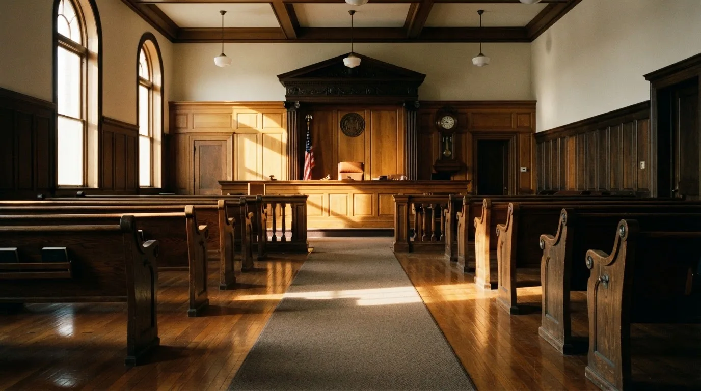 An empty courtroom with wooden benches in morning light