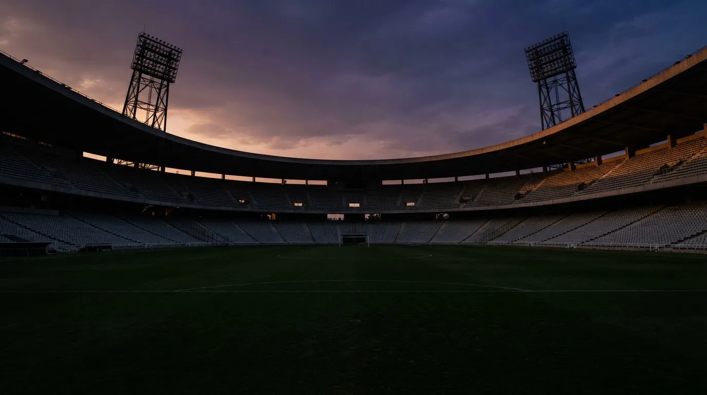 An empty football stadium with floodlight masts at dusk
