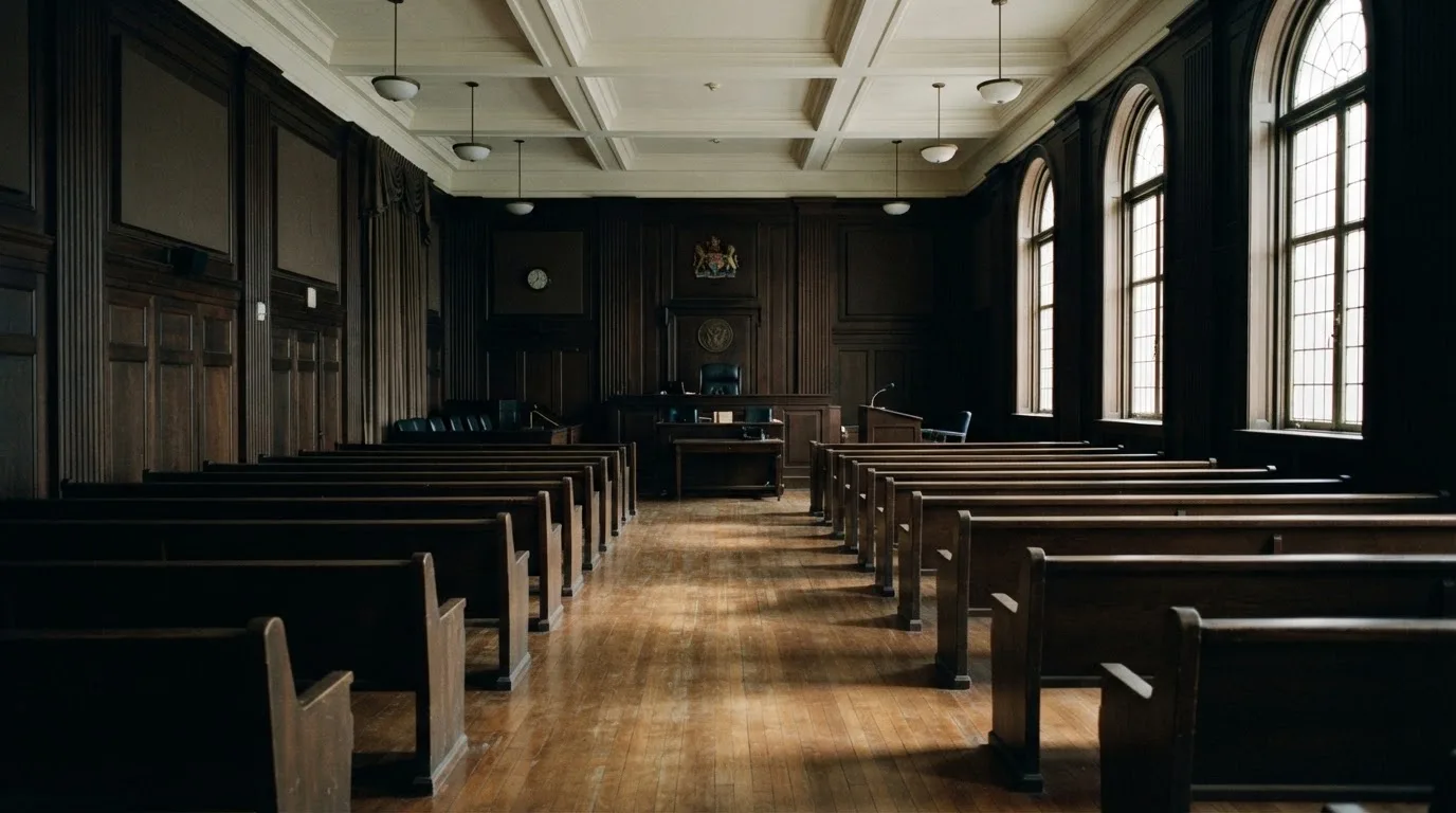 An empty courtroom with wooden benches in morning light