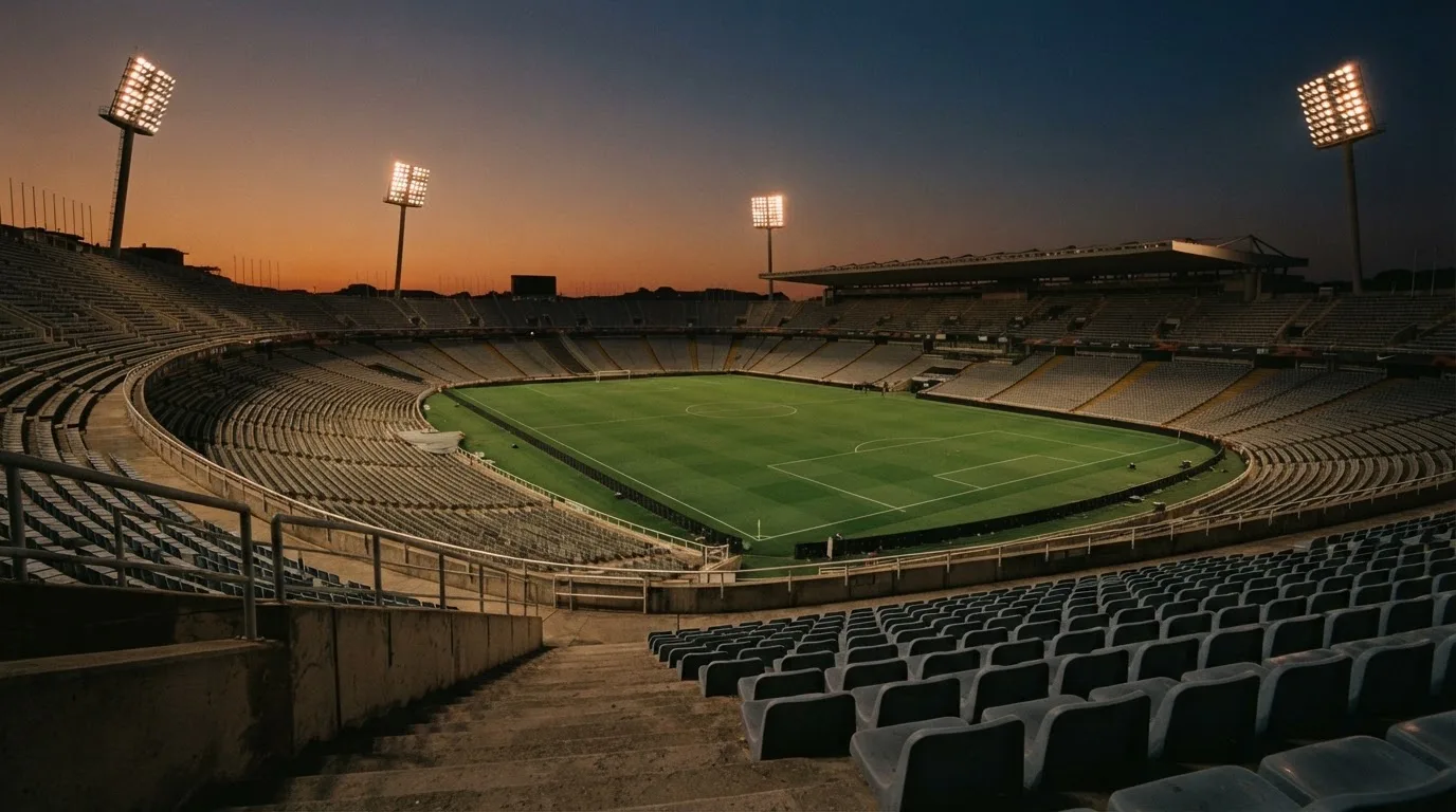 An empty football stadium with floodlight masts at dusk
