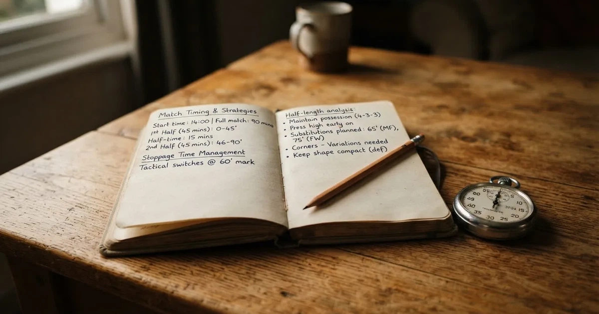 An open notebook with a pencil and a stopwatch on a wooden table