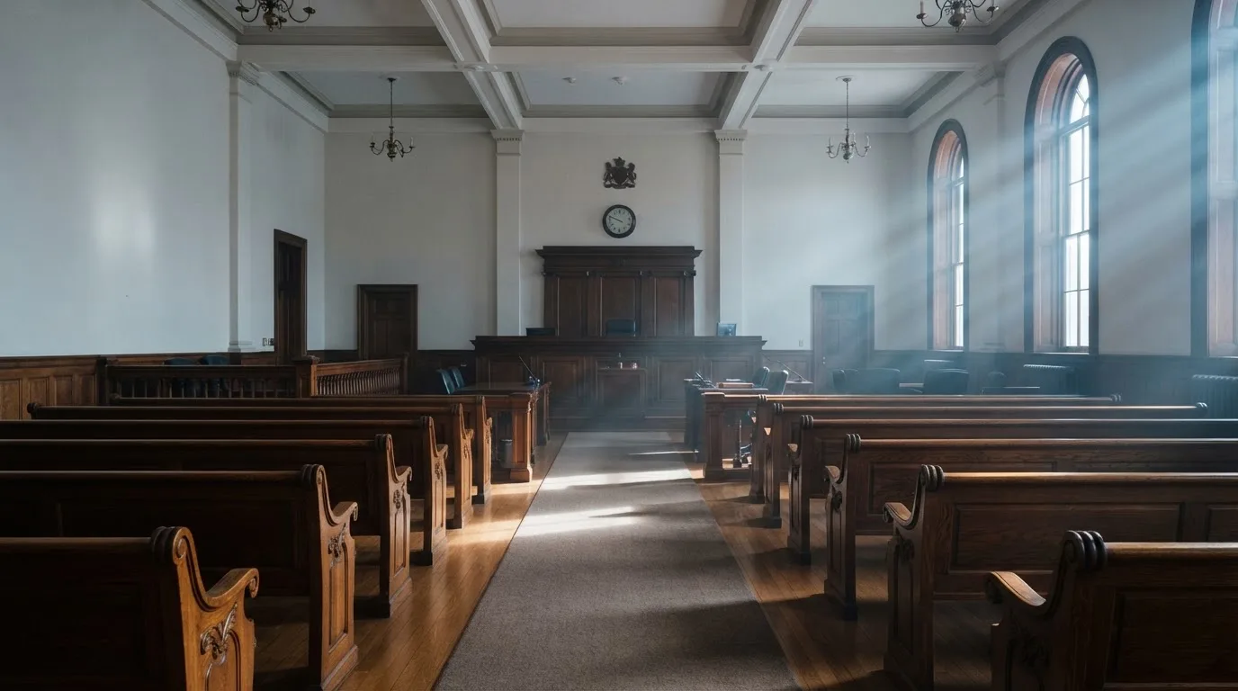 An empty courtroom with wooden benches in morning light
