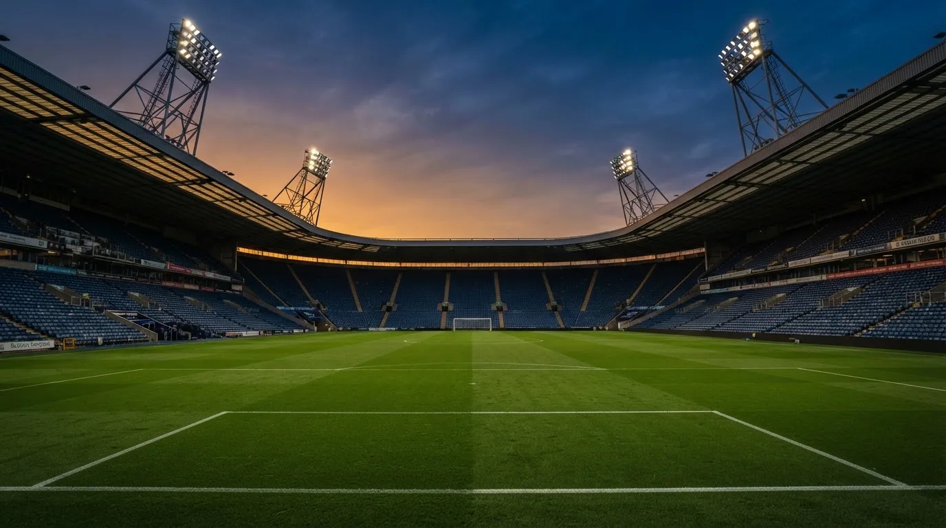 An empty football stadium with floodlight masts at dusk