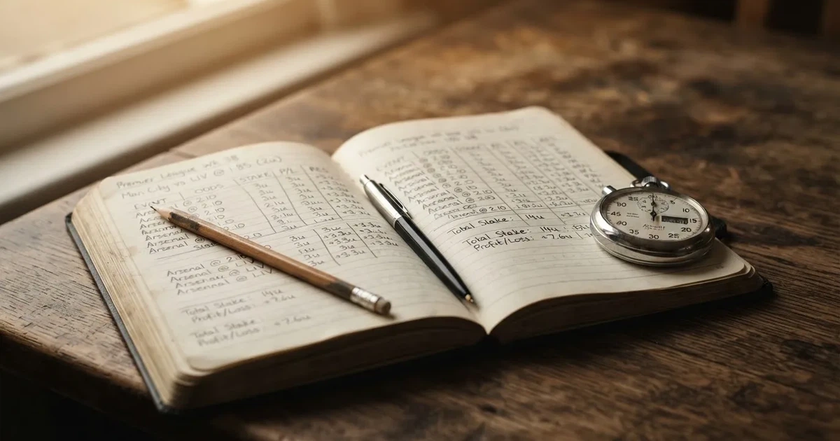 An open notebook with a pencil and a stopwatch on a wooden table