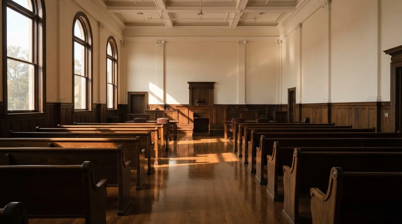An empty courtroom with wooden benches in morning light