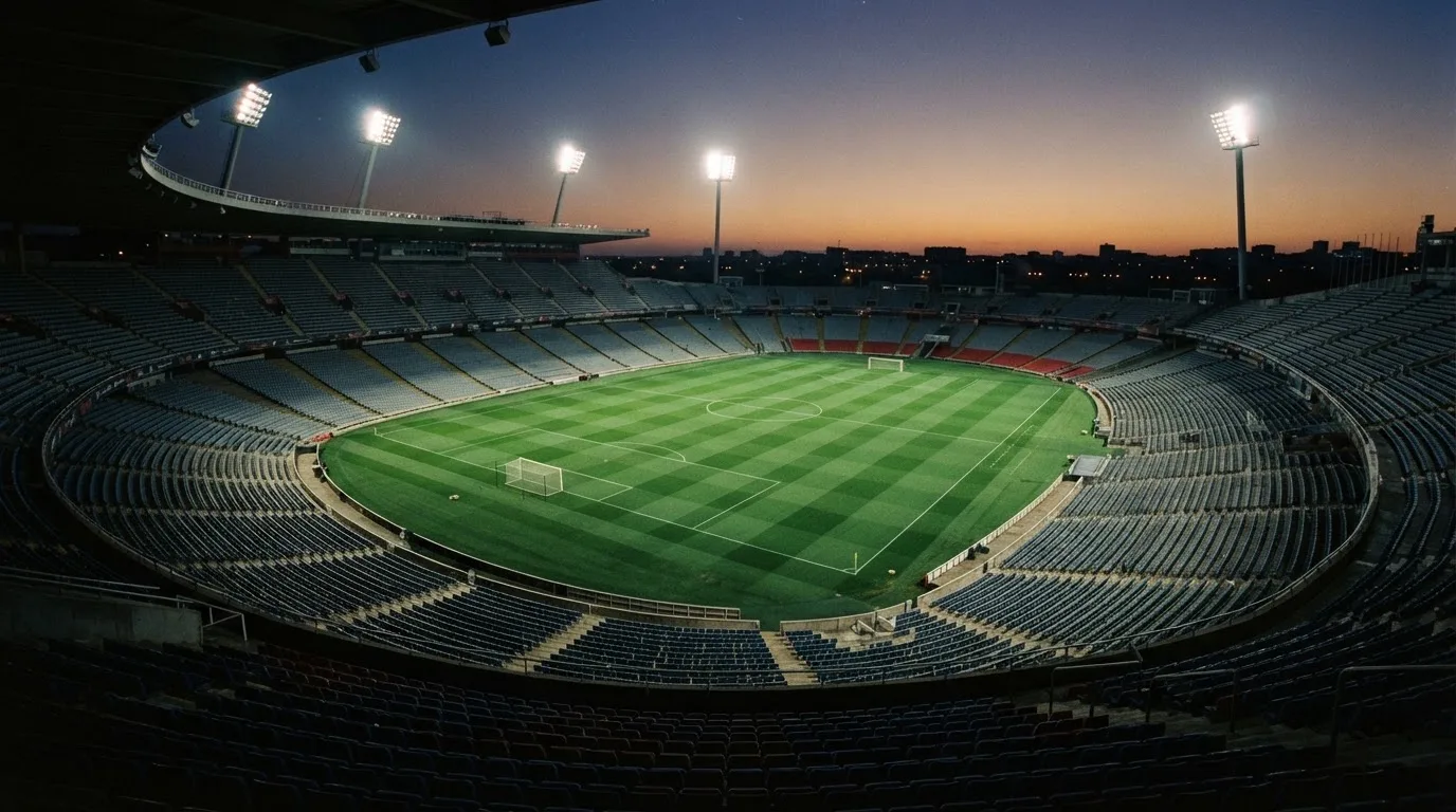 An empty football stadium with floodlight masts at dusk