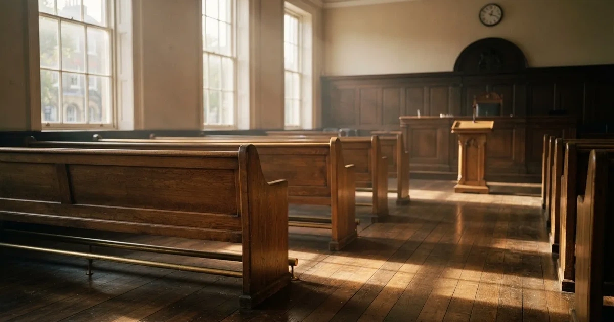 An empty courtroom with wooden benches in morning light