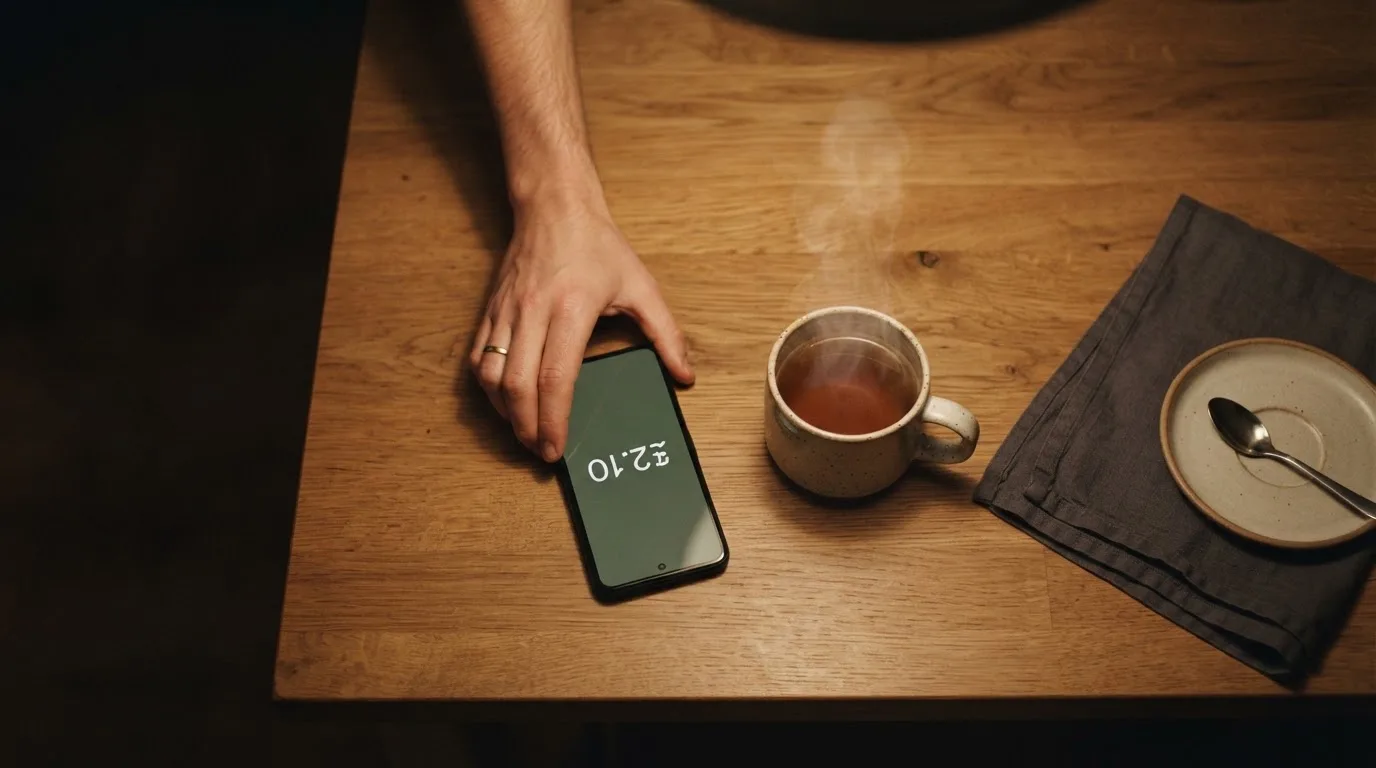 A hand setting a smartphone down beside a cup of tea on a kitchen table on a quiet evening