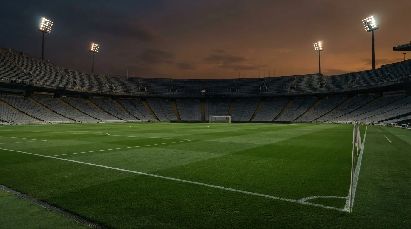 An empty football stadium with floodlight masts at dusk