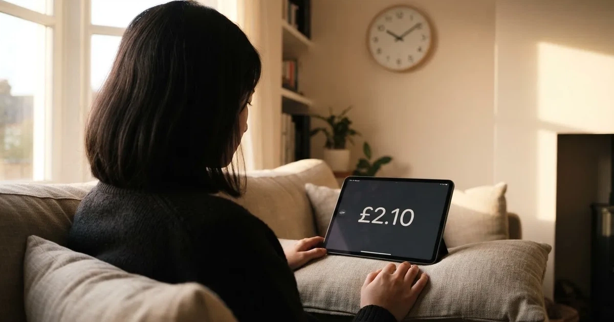 A person on a sofa looking thoughtfully at a tablet, a wall clock in the background