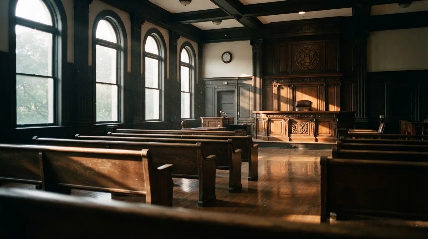 An empty courtroom with wooden benches in morning light