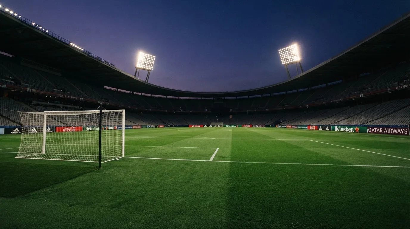 An empty football stadium with floodlight masts at dusk