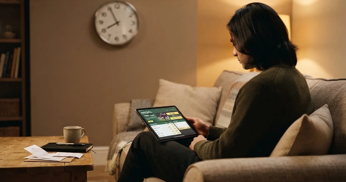 A person on a sofa looking thoughtfully at a tablet, a wall clock in the background