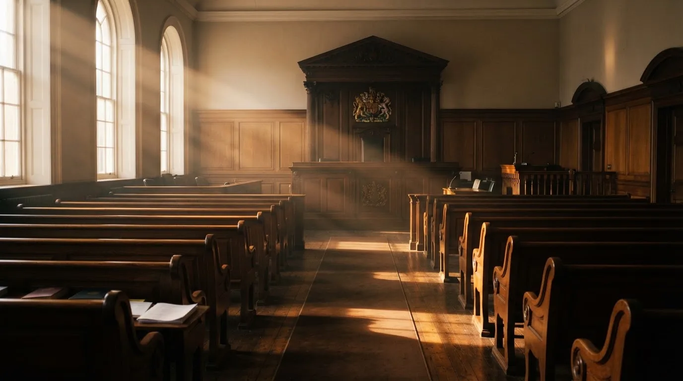 An empty courtroom with wooden benches in morning light