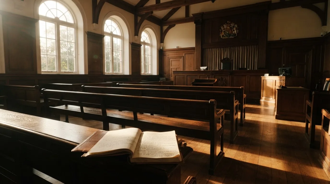 An empty courtroom with wooden benches in morning light