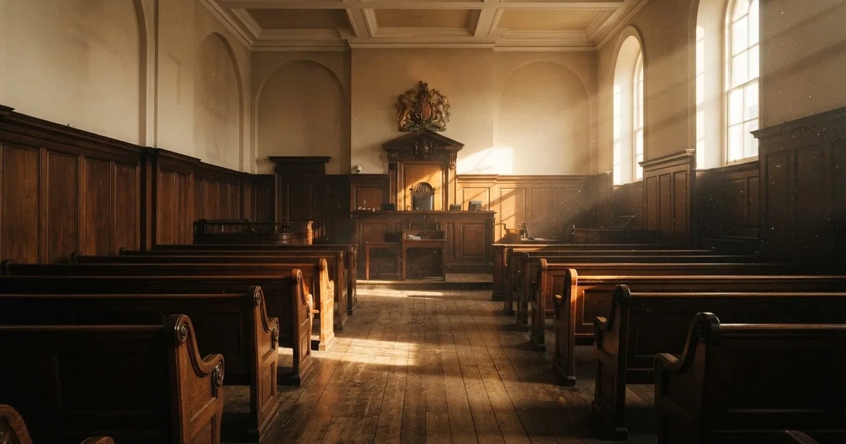 An empty courtroom with wooden benches in morning light