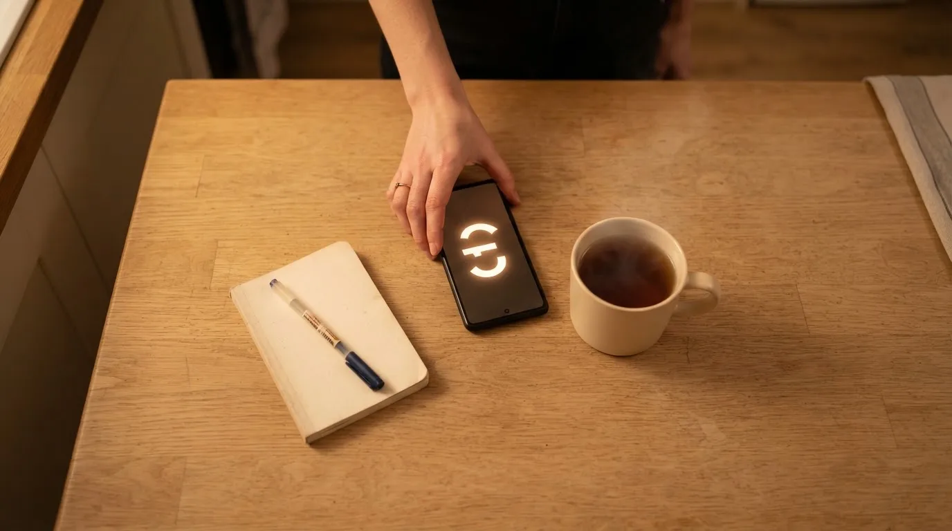 A hand setting a smartphone down beside a cup of tea on a kitchen table on a quiet evening
