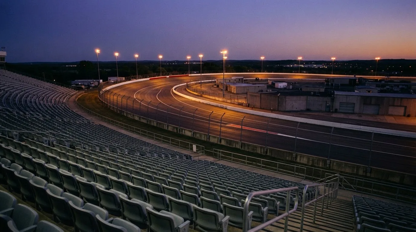 An empty football stadium with floodlight masts at dusk