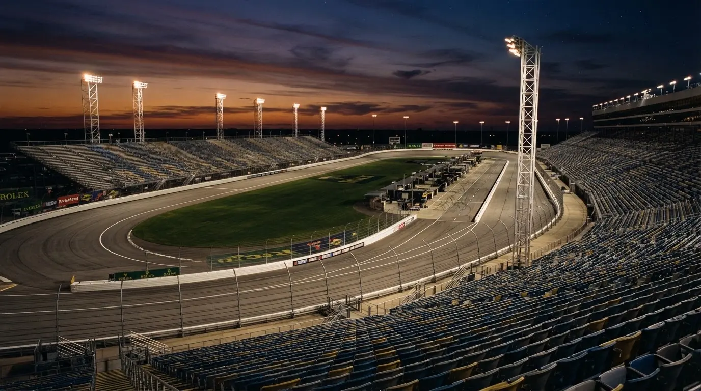 An empty football stadium with floodlight masts at dusk