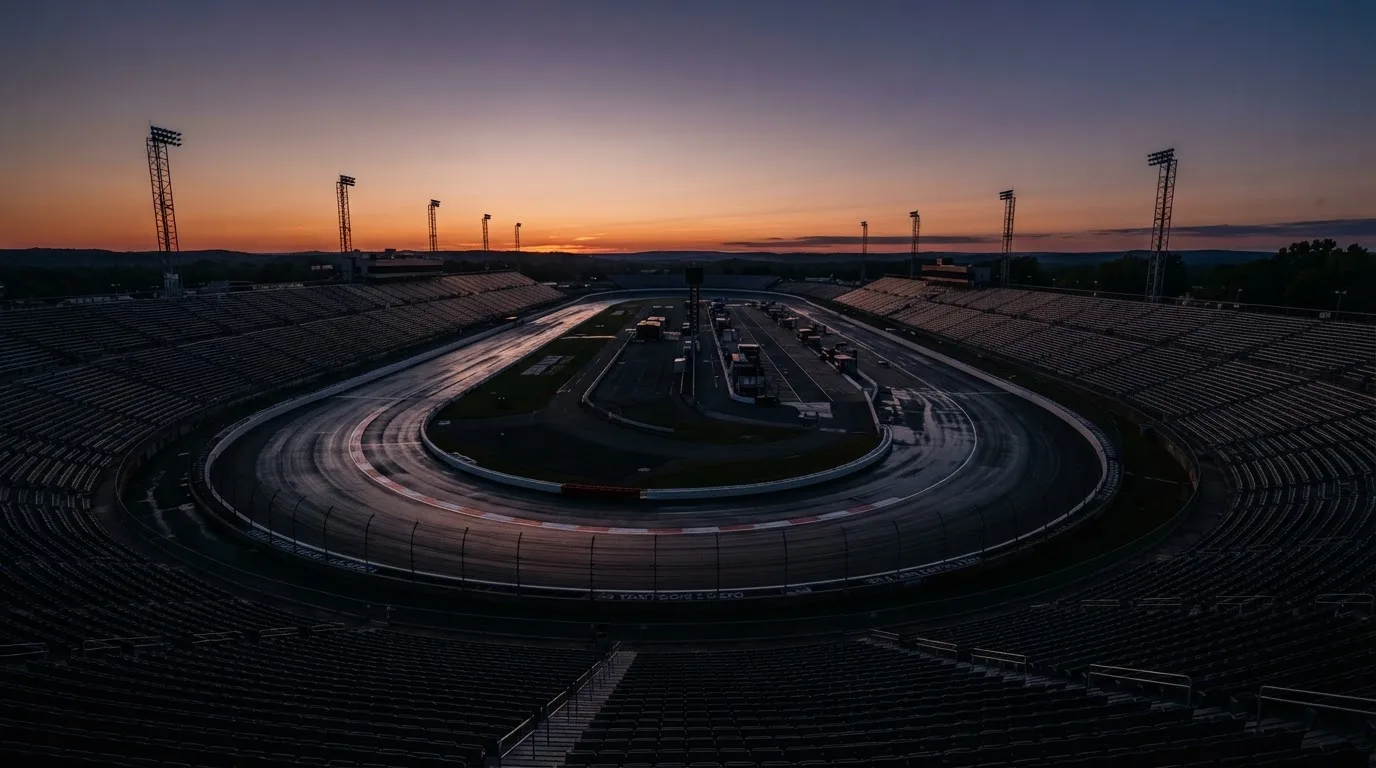 An empty football stadium with floodlight masts at dusk