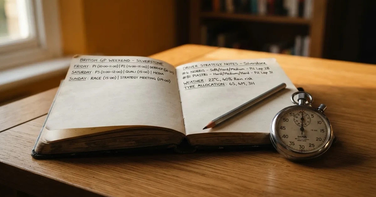 An open notebook with a pencil and a stopwatch on a wooden table