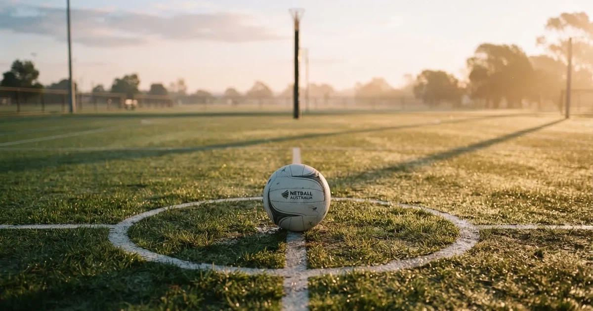 A ball on the centre spot of a grass pitch in morning light