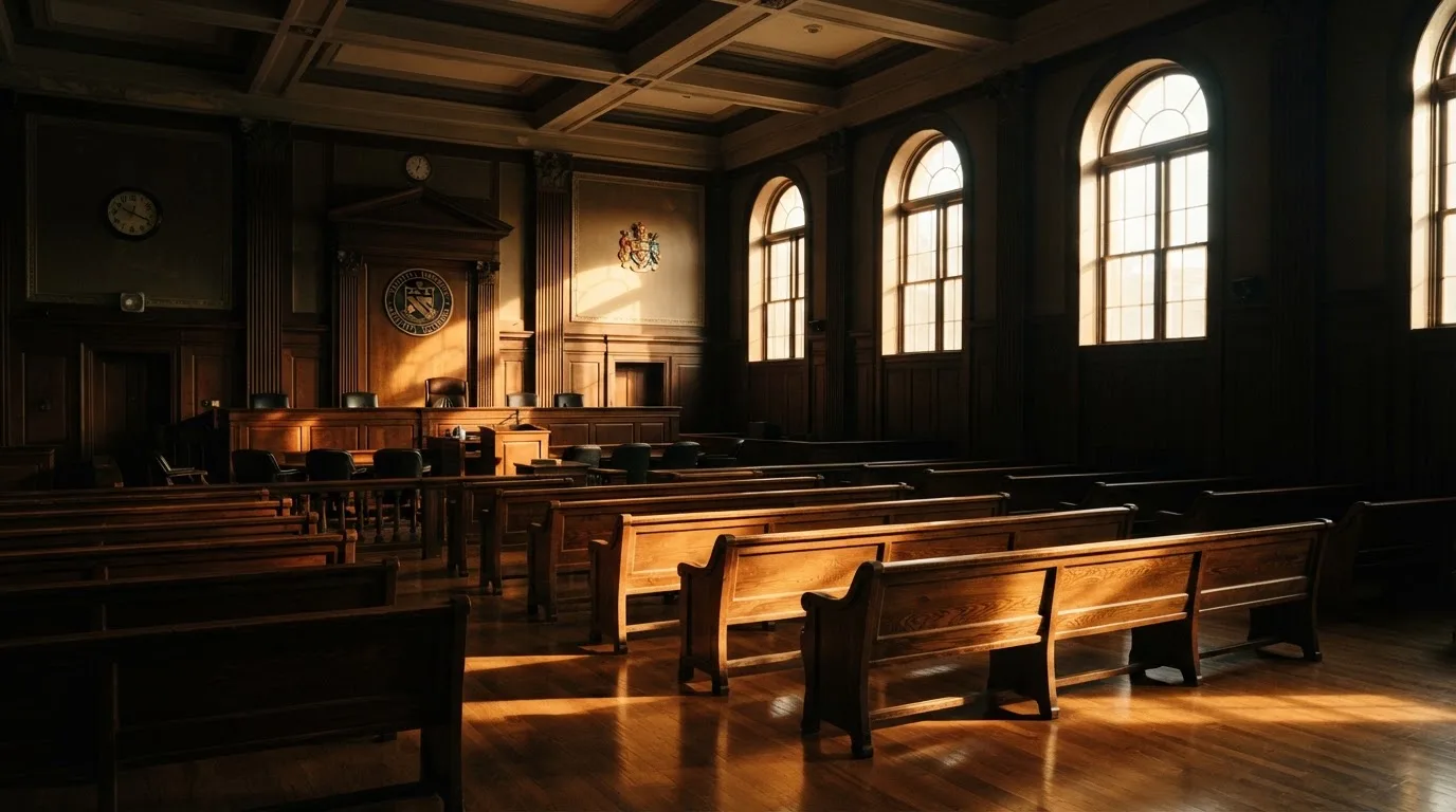 An empty courtroom with wooden benches in morning light