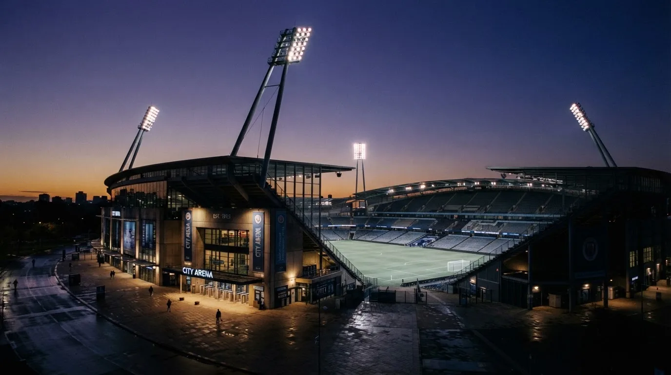 An empty football stadium with floodlight masts at dusk