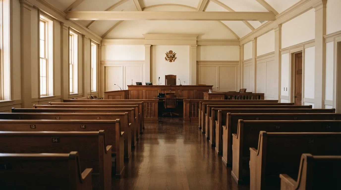 An empty courtroom with wooden benches in morning light