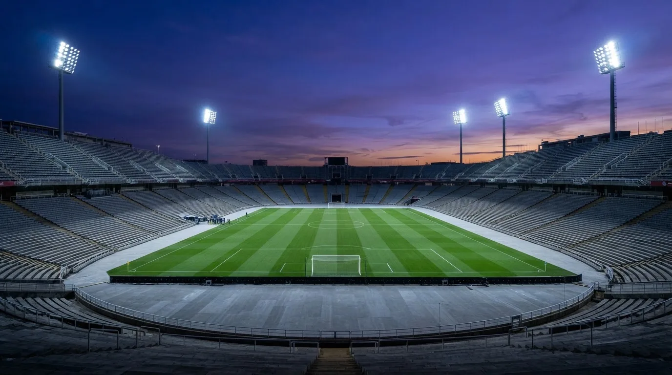An empty football stadium with floodlight masts at dusk