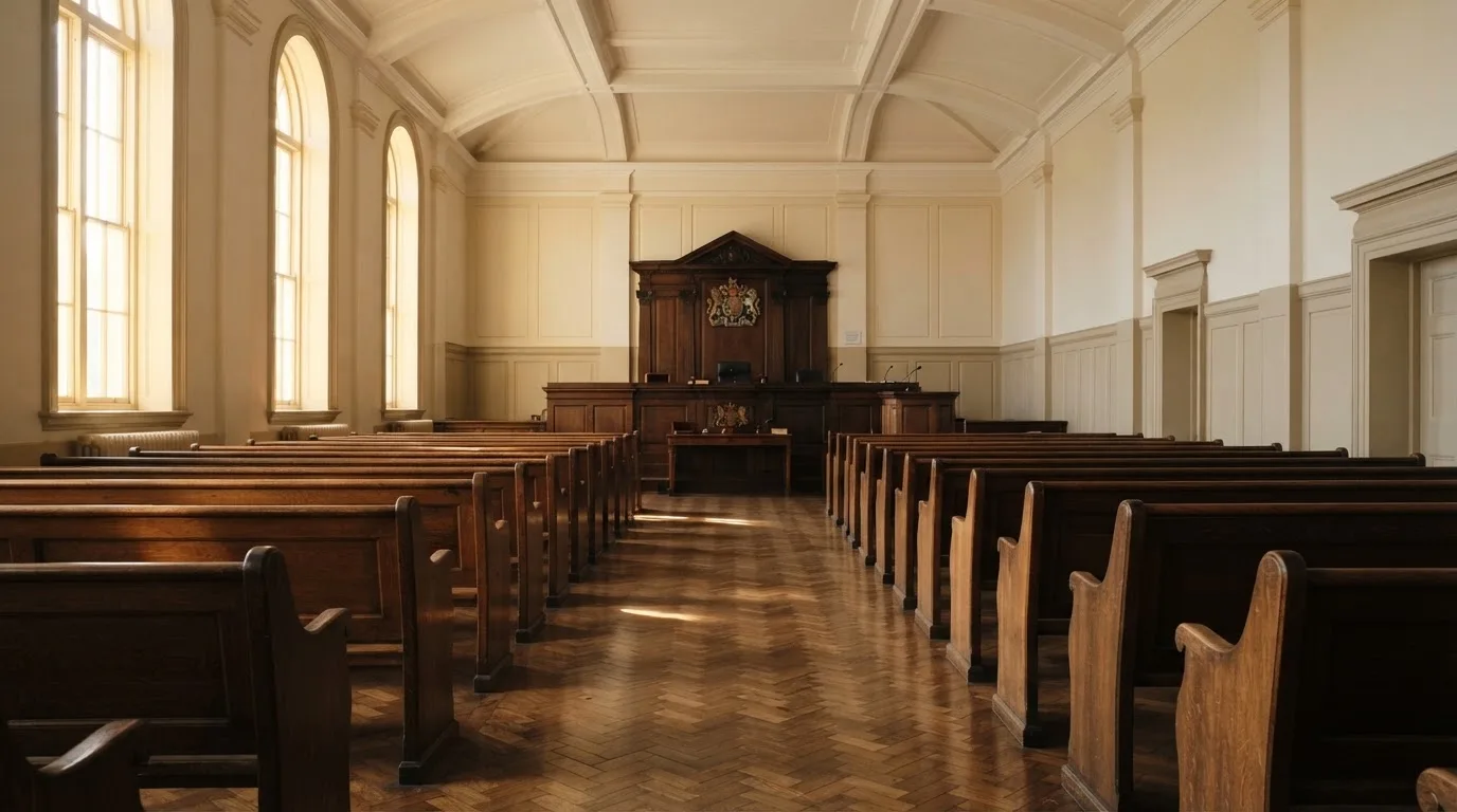 An empty courtroom with wooden benches in morning light