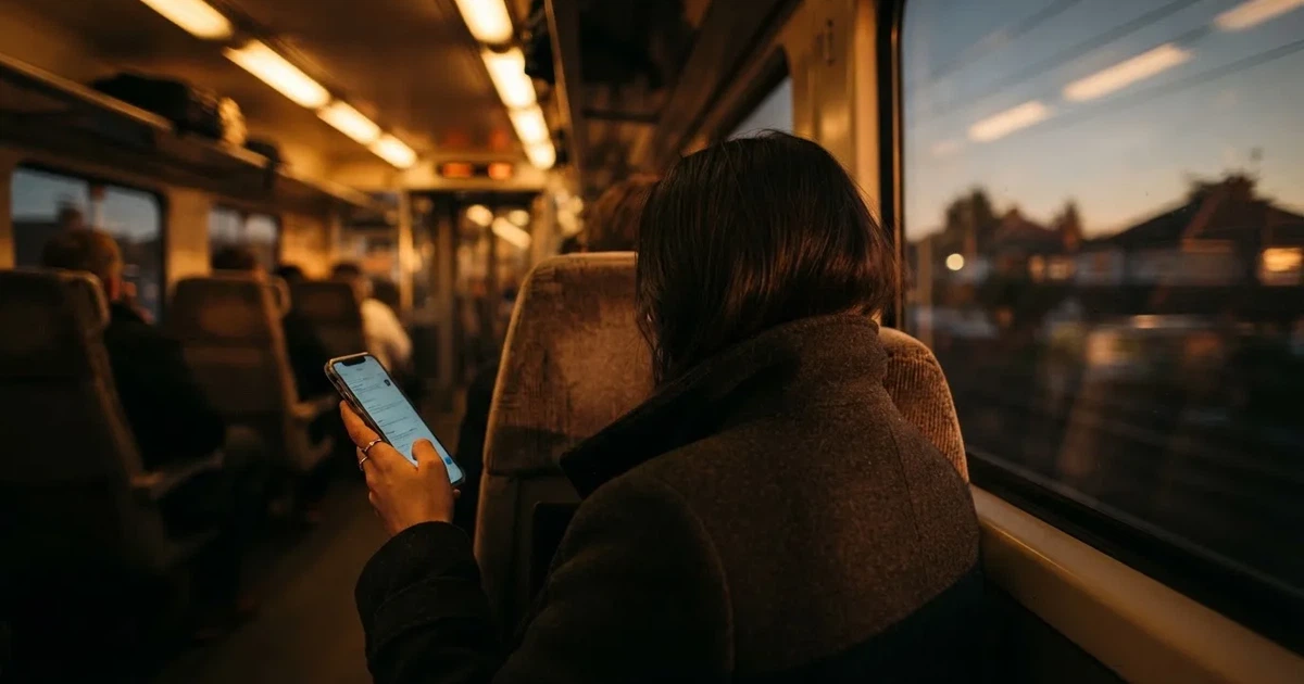 A hand holding a smartphone on a train in the evening, screen turned away
