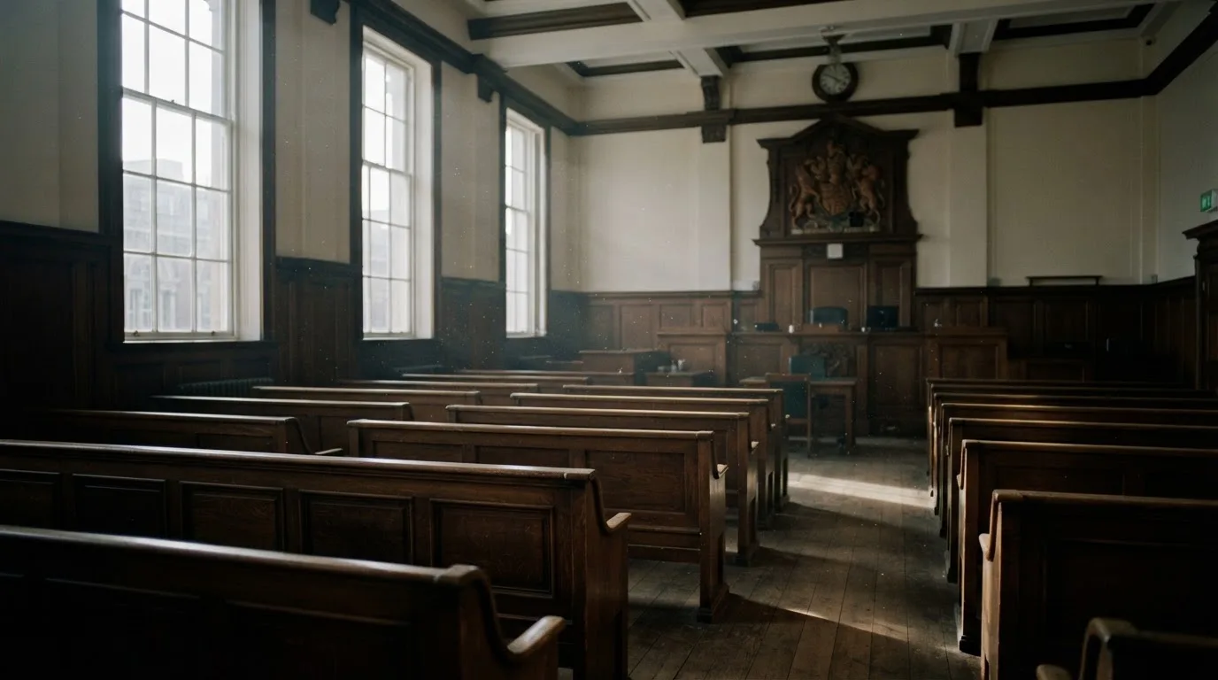 An empty courtroom with wooden benches in morning light