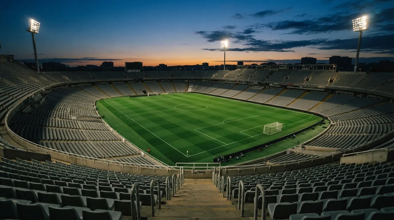 An empty football stadium with floodlight masts at dusk