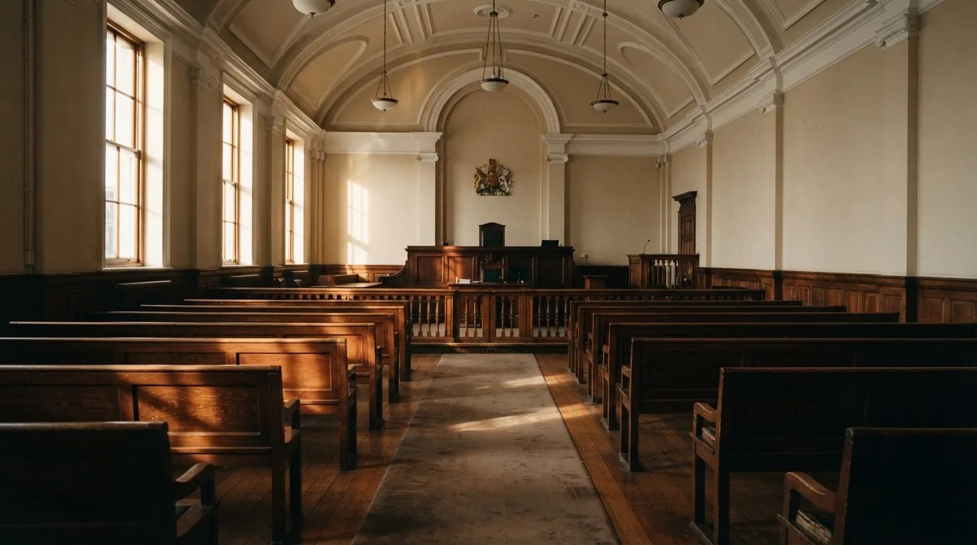 An empty courtroom with wooden benches in morning light