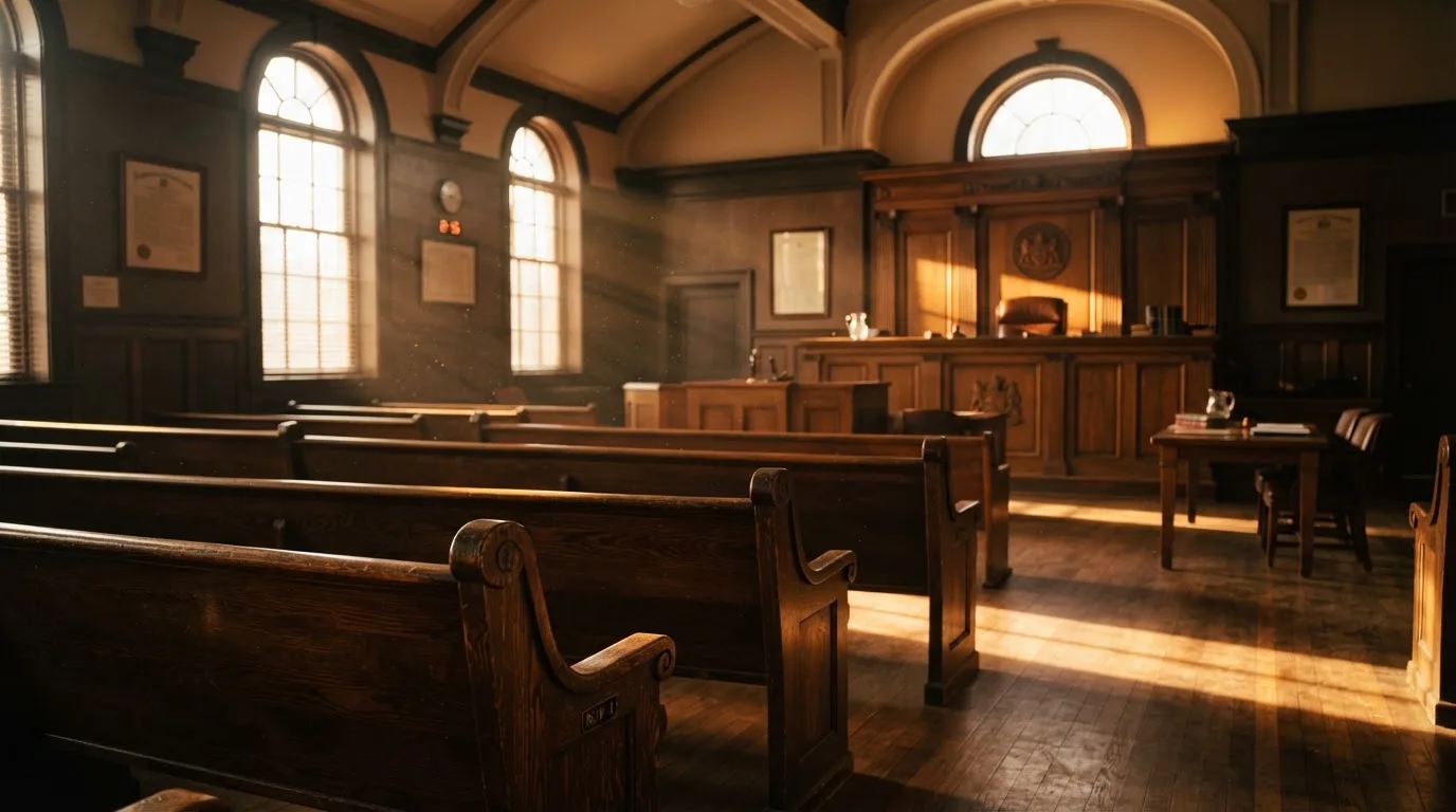 An empty courtroom with wooden benches in morning light