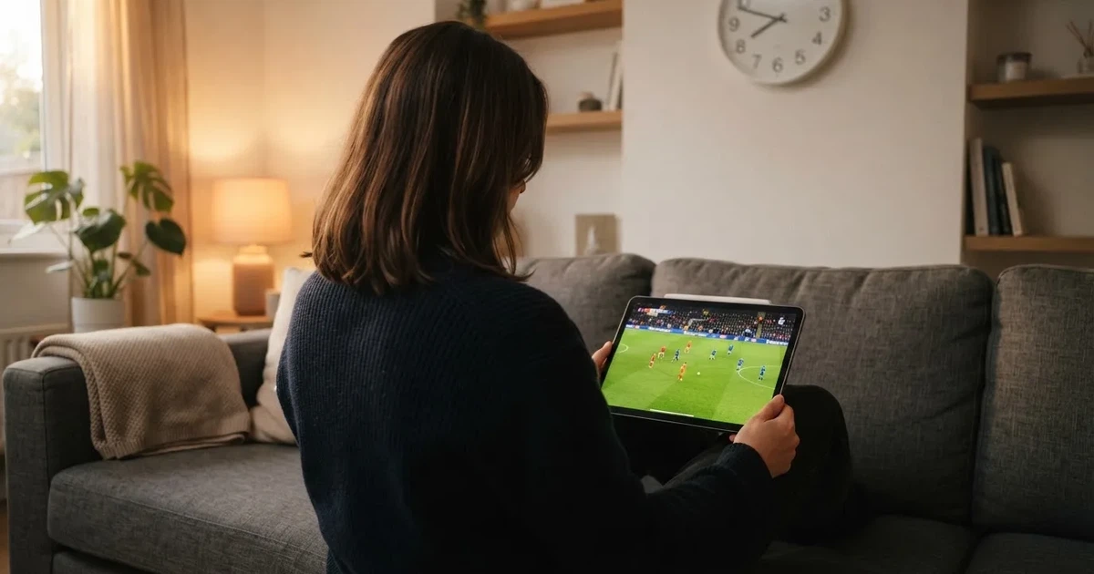 A person on a sofa looking thoughtfully at a tablet, a wall clock in the background