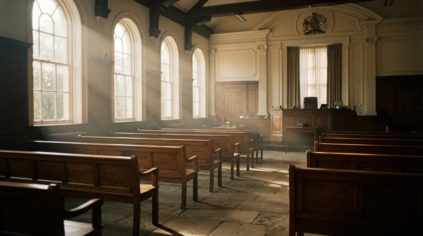 An empty courtroom with wooden benches in morning light