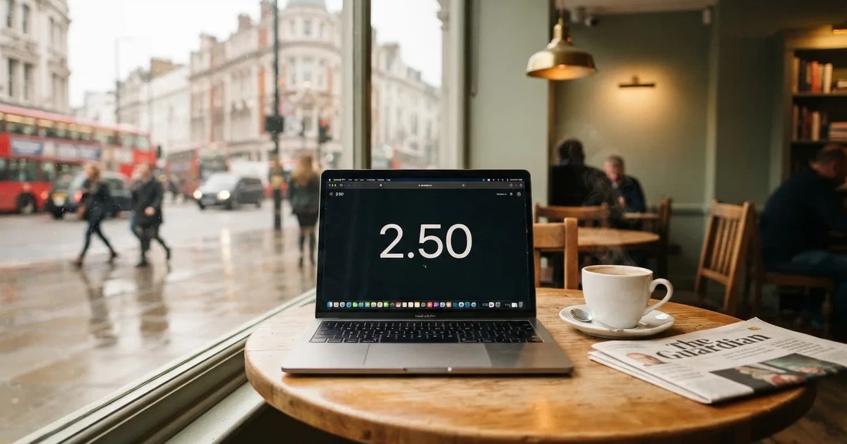 A laptop on a café table by a window onto the street