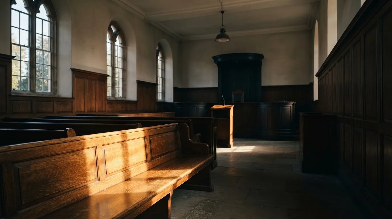 An empty courtroom with wooden benches in morning light